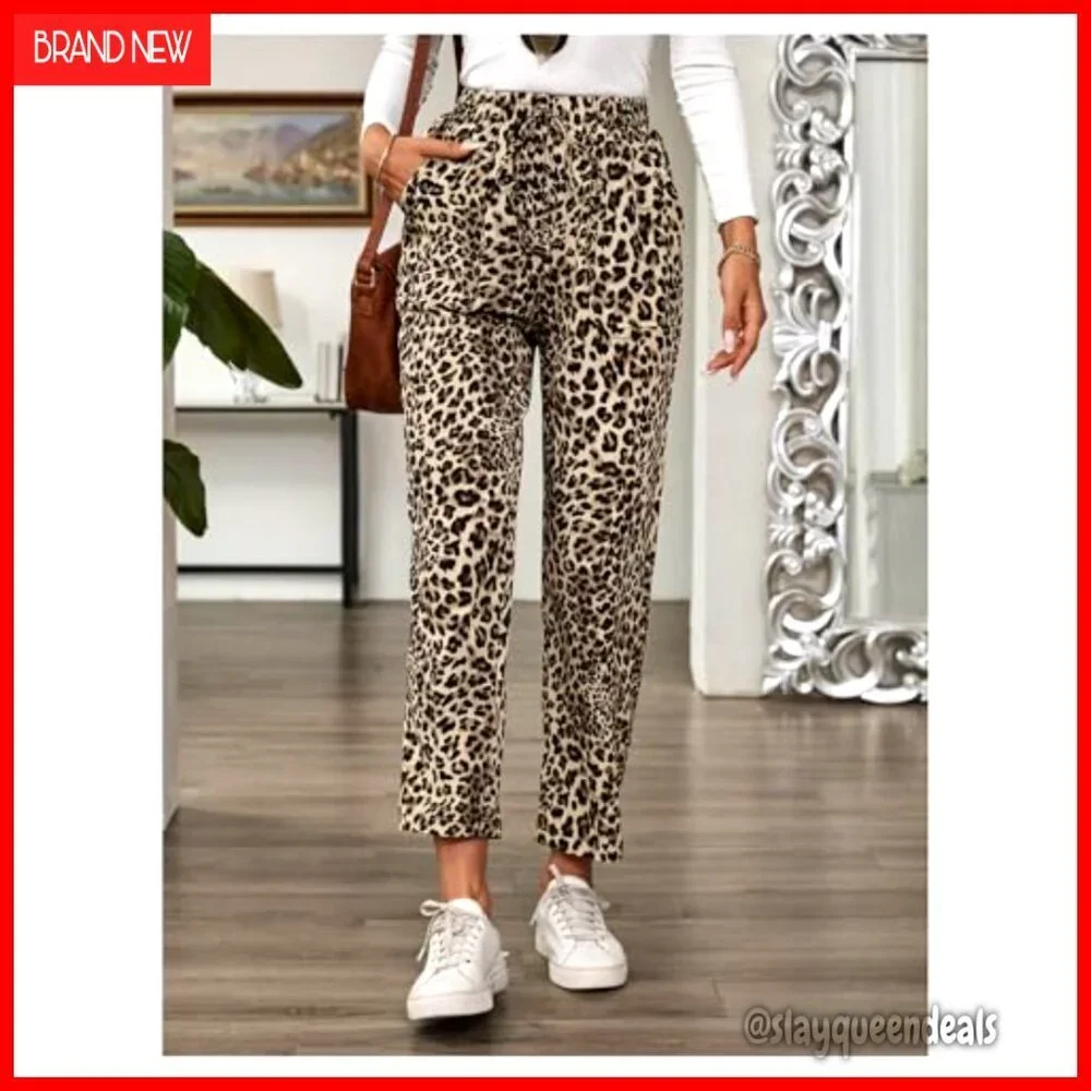 Women's Leopard Print Pants Elastic Waist Straight Leg Casual Trousers with
